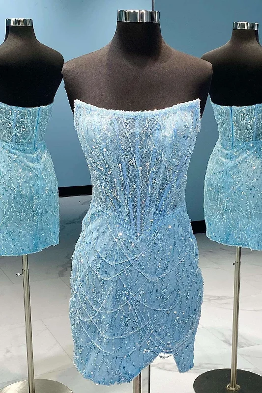 Light Blue Strapless Short Homecoming Dress Tunics stripes playful