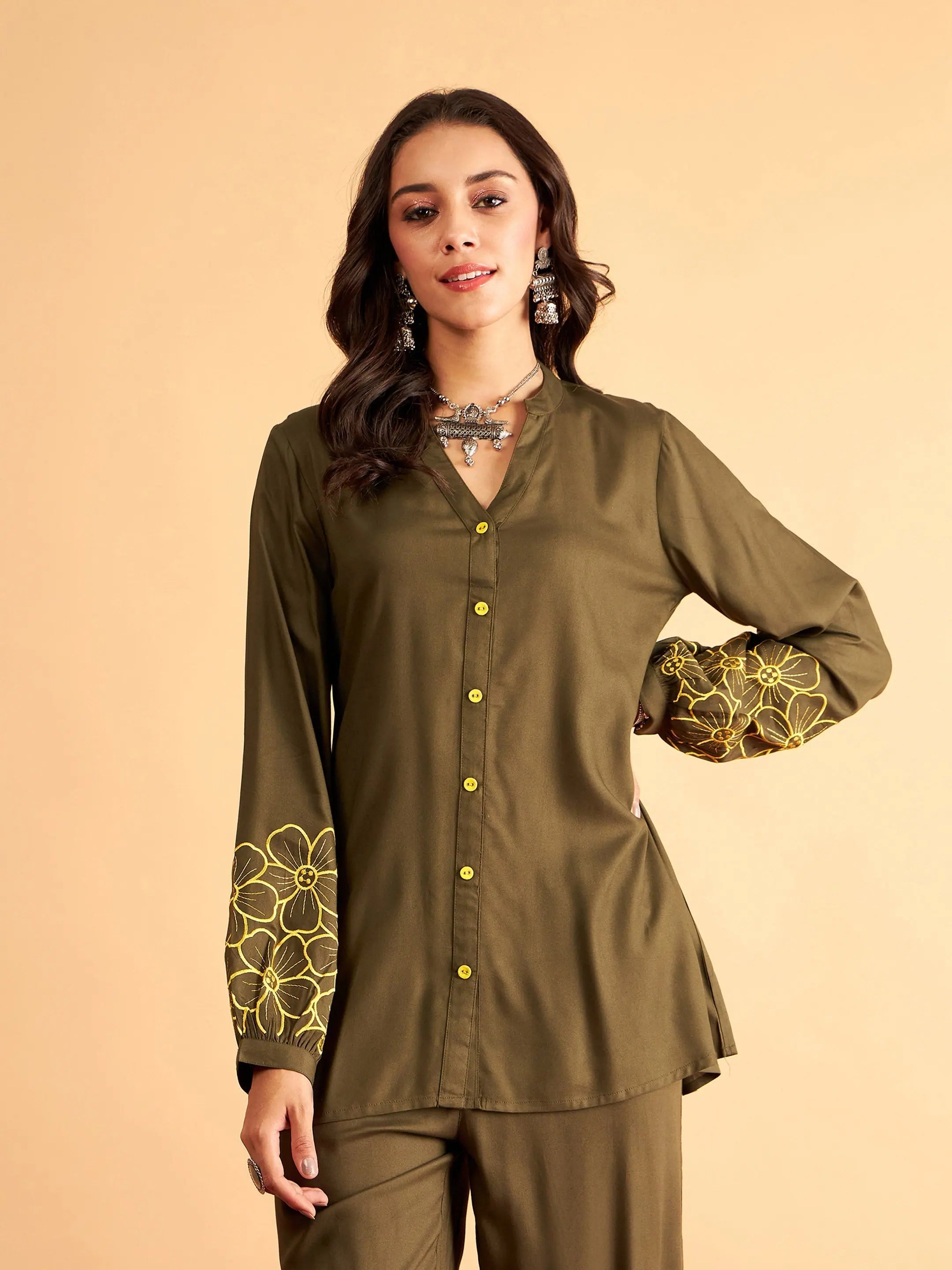 Women Olive Rayon Embroidered Shirt-- Sequined Glittery Shiny