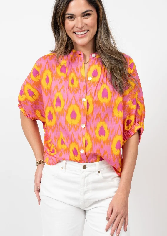 Ikat Button Down Pleated Detail Big Shirt-- Graphic T-Shirt Round Neck Polyester