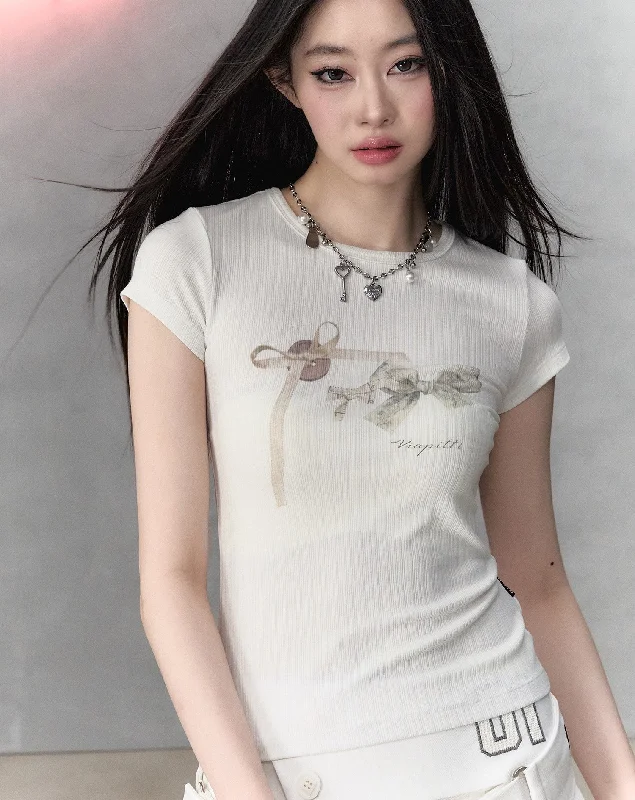 Bow Print Slim Fit Short-sleeved T-shirt VIA0137-- Asymmetrical Pockets Print