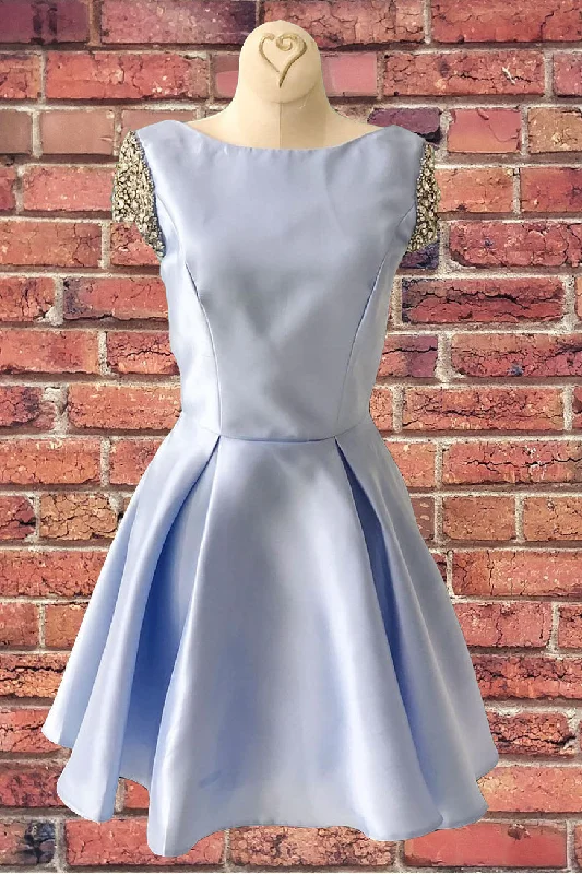 V-Back Short Sleeves Sky Blue Homecoming Dress with Crystals Tunics Summer linen