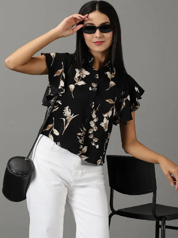 Women's Black Printed Shirt-SP-527-Black-- Graphic T-Shirt Round Neck Polyester