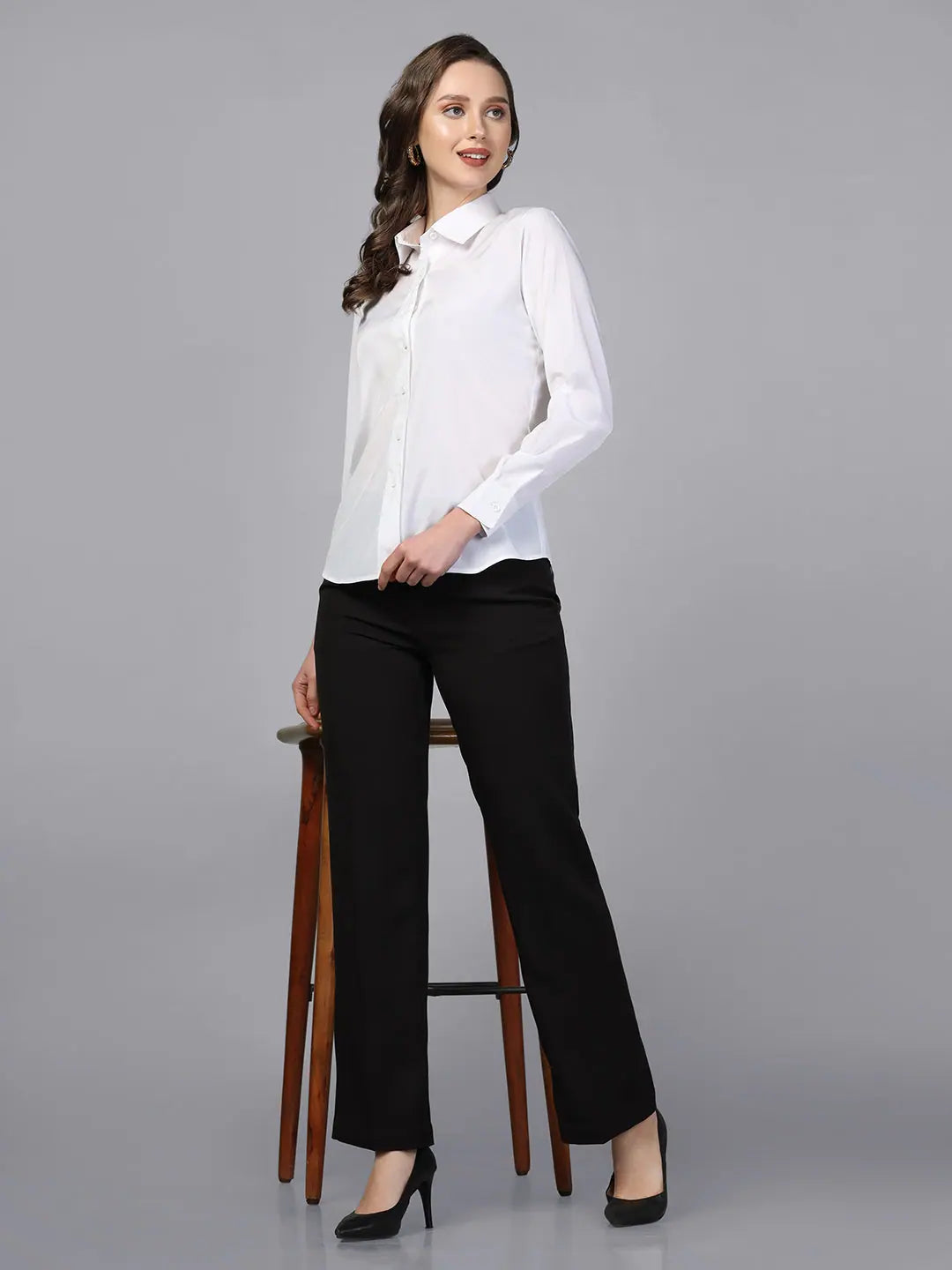 PowerSutra Collared crepe shirt - White-- Spandex Blend Rayon Blend Denim Blend