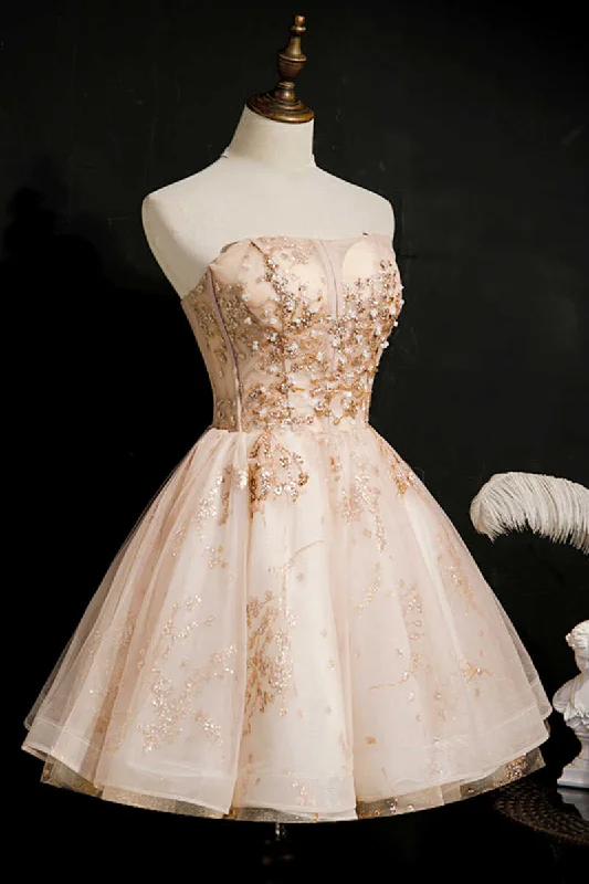 Champagne Beaded Strapless Lace-Up Short Homecoming Dress Tunics Business professional