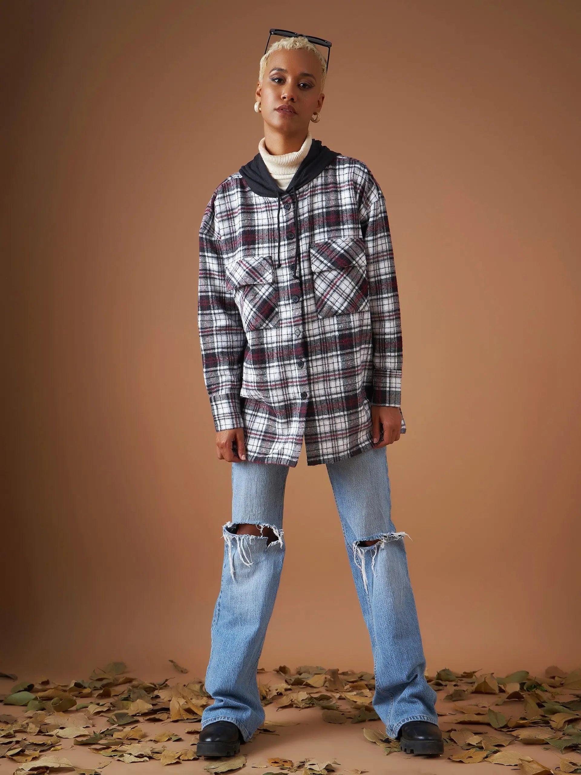 Women White Yarndyed Check Hooded Oversized Shirt-- Rayon Fabric Velvet Fabric Corduroy Fabric