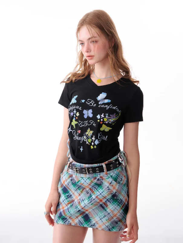 Butterfly Print Drawstring Slim V-neck Short-sleeved T-shirt ZIZ0124-- Knit Fabric Woven Fabric Fleece Fabric
