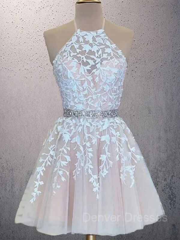 A-Line/Princess Halter Short/Mini Tulle Homecoming Dresses With Appliques Lace Turtleneck Neckline Stylish