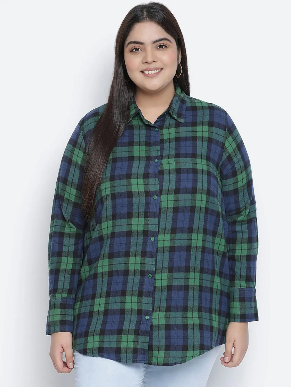 Femnine Green Brush Check Women Shirt-- Fitted T-Shirt Seamless Stretchy