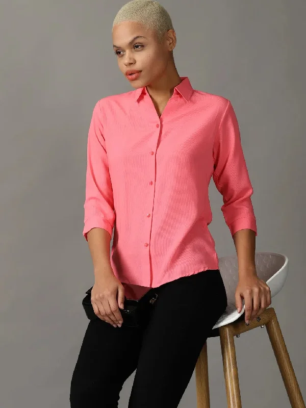 Women's Pink Solid Shirt-AE-3331033A-Pink-- Collared Crew Neck Turtle Neck