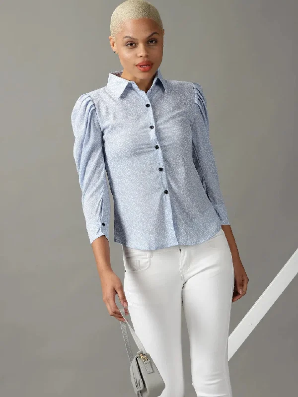 Women's Blue Printed Shirt-AE-10365-Blue-- Terry Blend Velvet Blend Canvas Blend