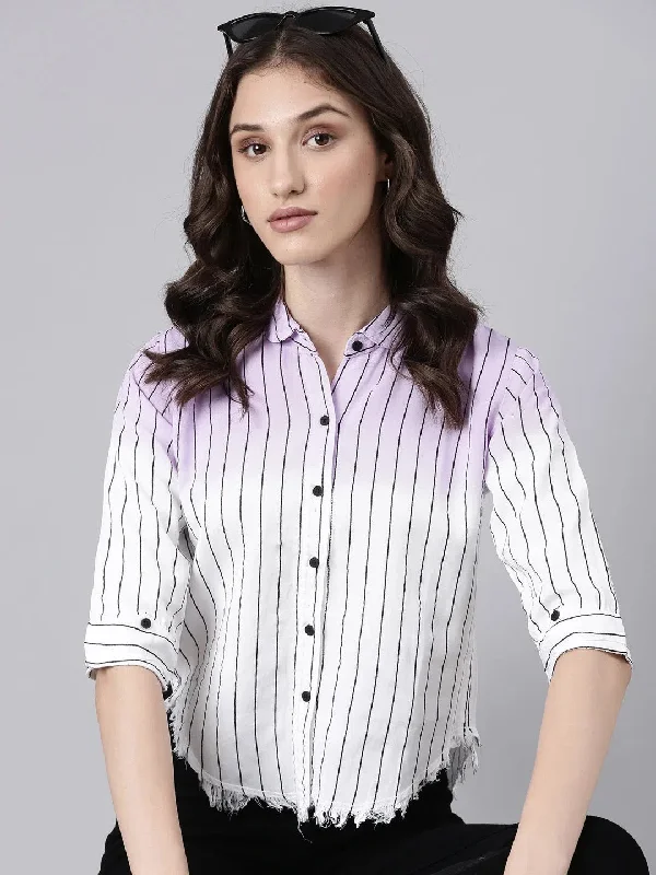 Women Lavender Striped Shirt-AE-3247-Lavender-- Ribbed Striped Patterned