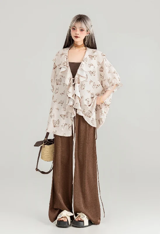 Butterfly Print Loose Lace Large Ruffled Chiffon Shirt/Plaid Skirt KEI0059-- Polka Dot Checkered Tartan