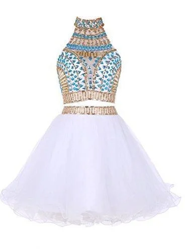 Two Piece High Neck White Tulle Short Homecoming Dress 2024 with Beading Rhinestone Tunics Distressed trendy