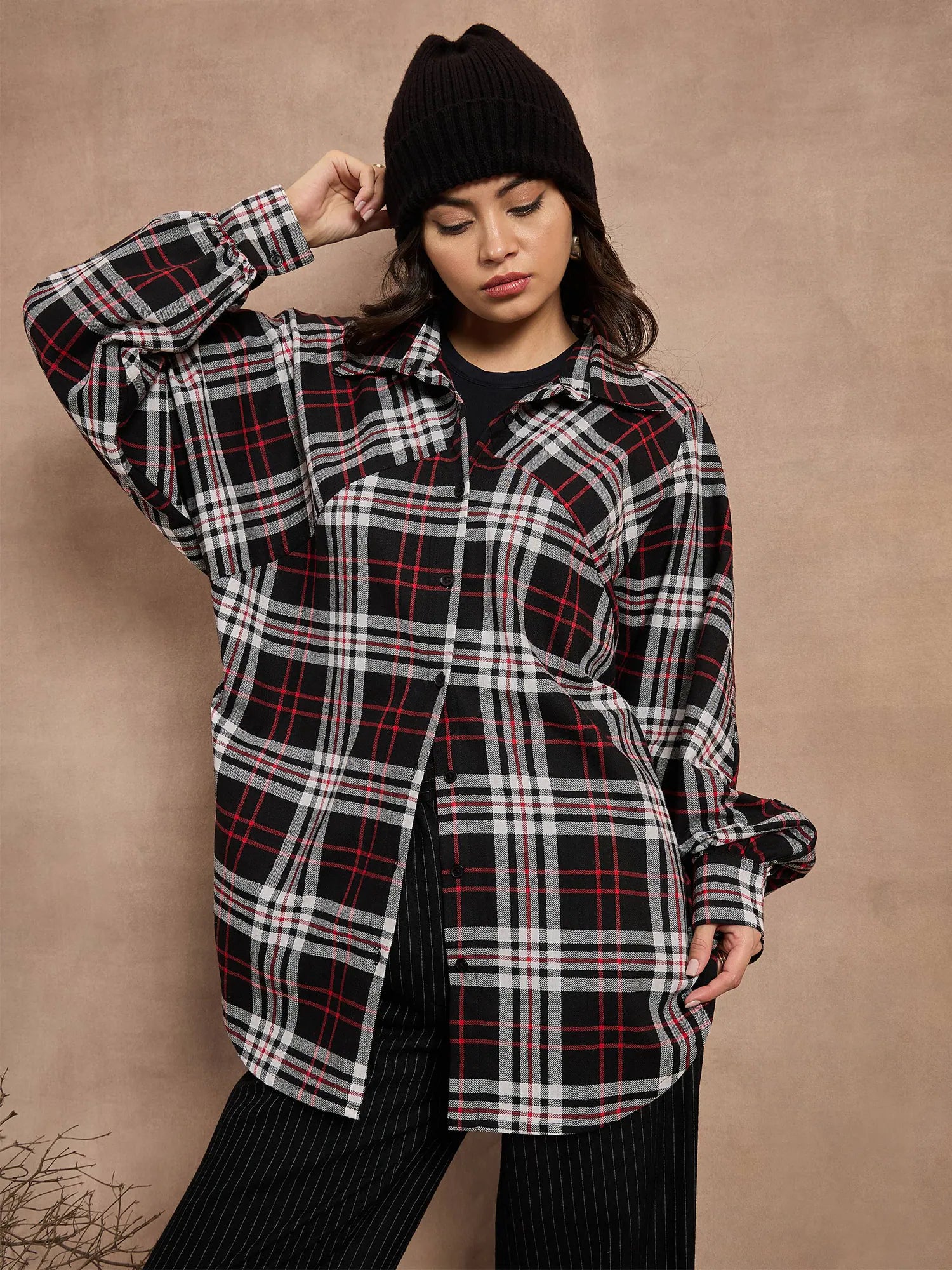 Women Black & White Checked Oversized Shirt-SFSHRT20530-- Print Jacquard Patchwork