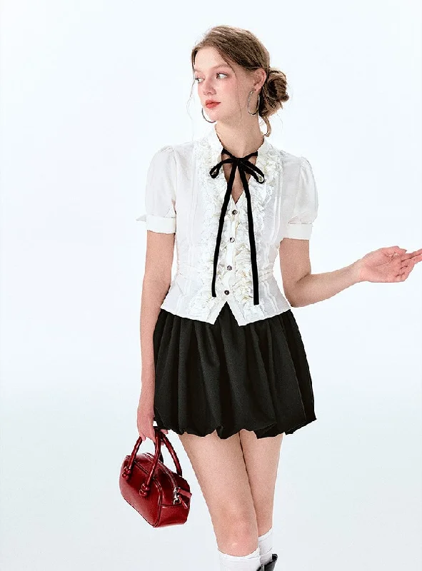 French Retro Bow Waist Shirt/Skirt BOH0049-- Anti-Shrink Durable Soft