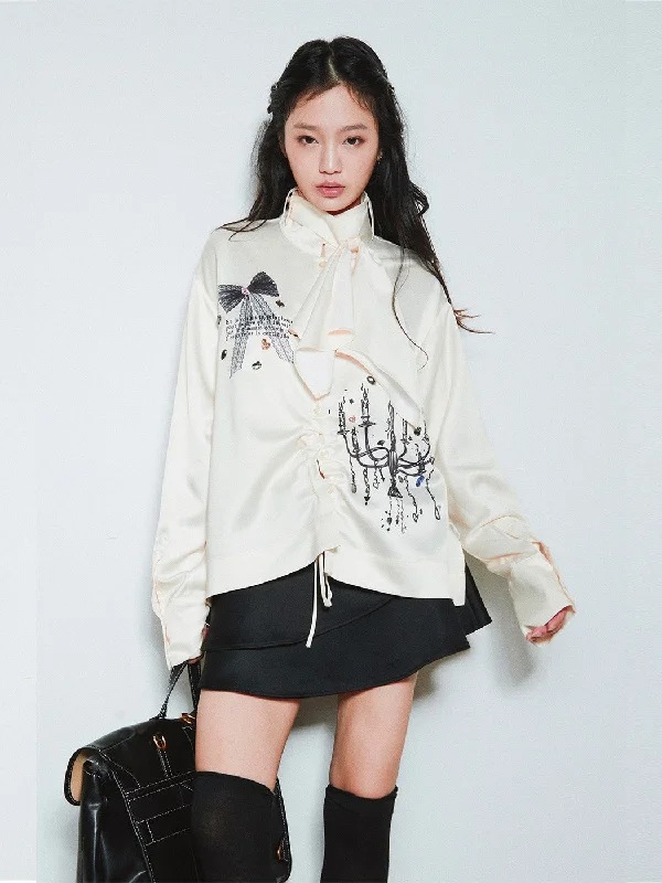 Chandelier Lace Bow Letter Print Diamond Drawstring Satin Shirt SEL0012-- Faux Fur Fabric Real Fur Fabric Shearling Fabric