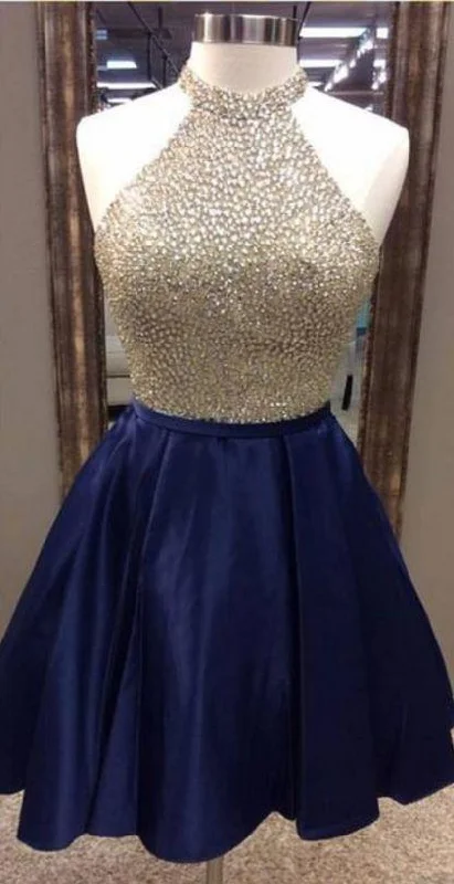 A-Line Jewel Navy Blue Satin Short Homecoming Dress 2024 with Beading Tunics Trousers formal