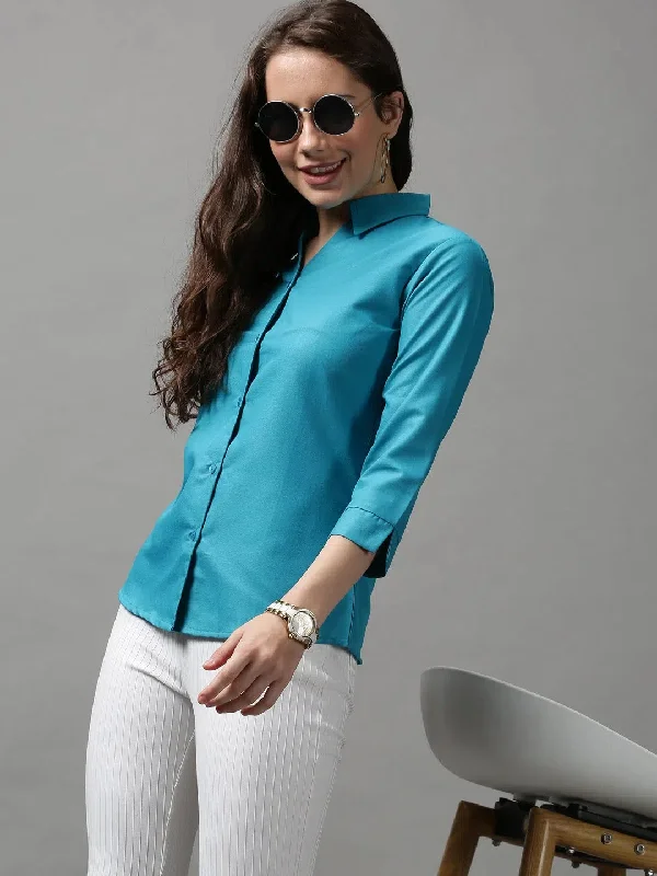 Women's Blue Solid Shirt-AE-3331034-Turquoiseblue-- Fashionable Trendy Casual