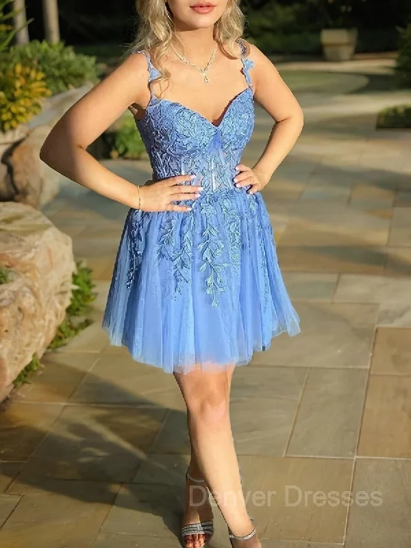A-Line/Princess Sweetheart Corset Short/Mini Tulle Homecoming Dresses With Appliques Lace Cowl Neckline Elegant