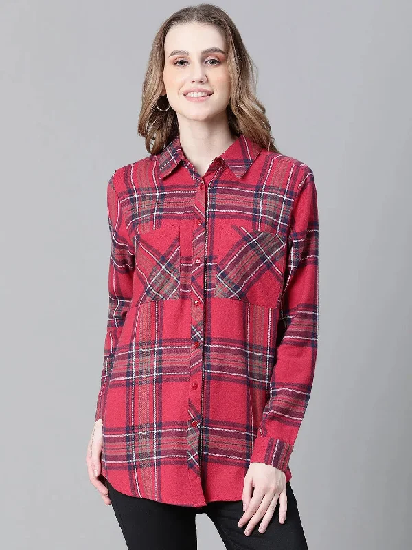 Women Red Brush Check Long Sleeve Collared Cotton Shirt-W23266WSH003-- Collared Crew Neck Turtle Neck