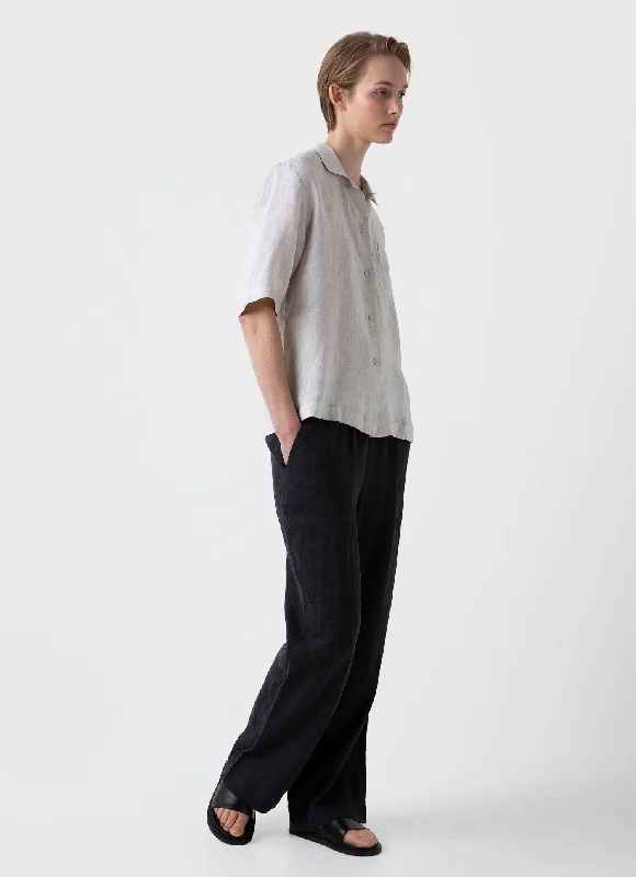 Women's Short Sleeve Linen Shirt in Oatmeal Melange-- Mesh Fabric Canvas Fabric Denim Fabric