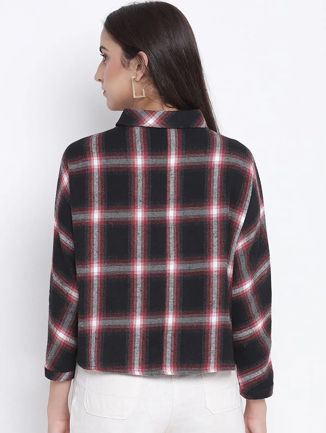 Sobber Black Brush Check Women Shirt-- Asymmetrical Pockets Print