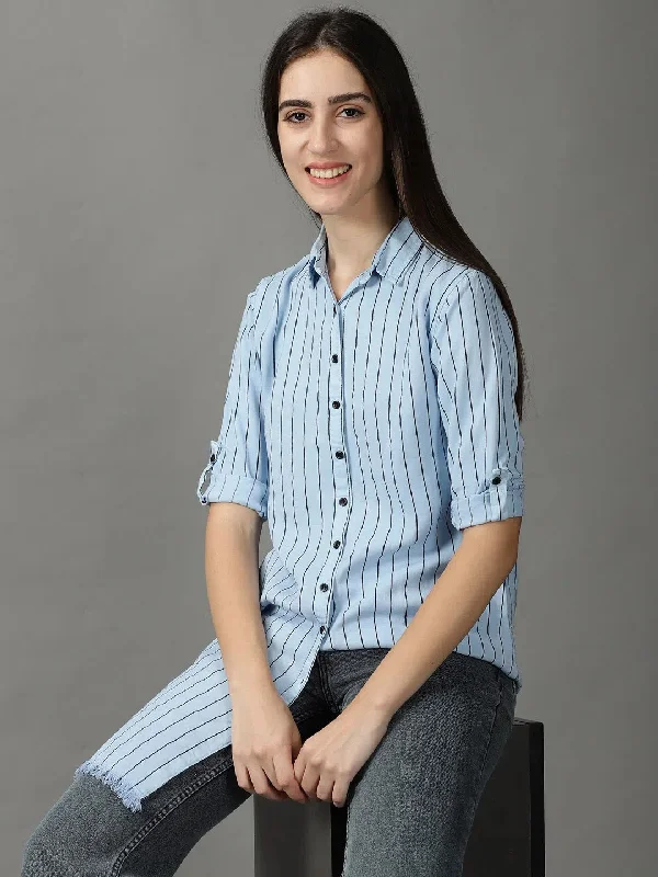 Women's Blue Striped Longline Shirt-AE-444104-Blue-- Wool Fabric Cashmere Fabric Tweed Fabric