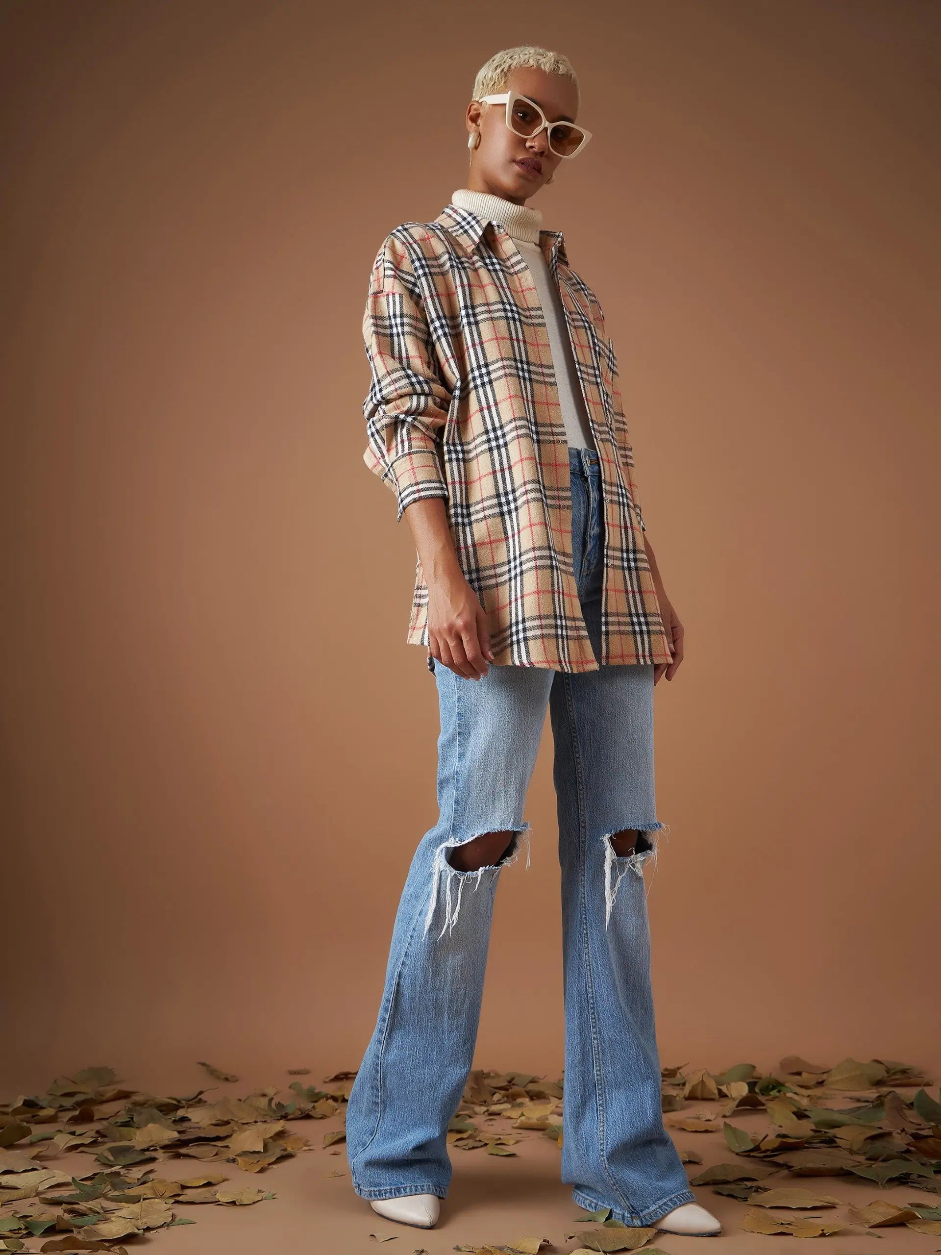 Women Beige Flannel Check Oversized Shirt-- Faux Fur Fabric Real Fur Fabric Shearling Fabric