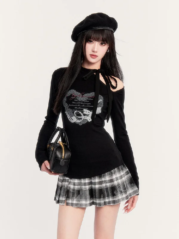 Dark Off-shoulder Bowknot Print Slim Fit T-shirt VOC0266-- Embroidered Appliqued Beaded