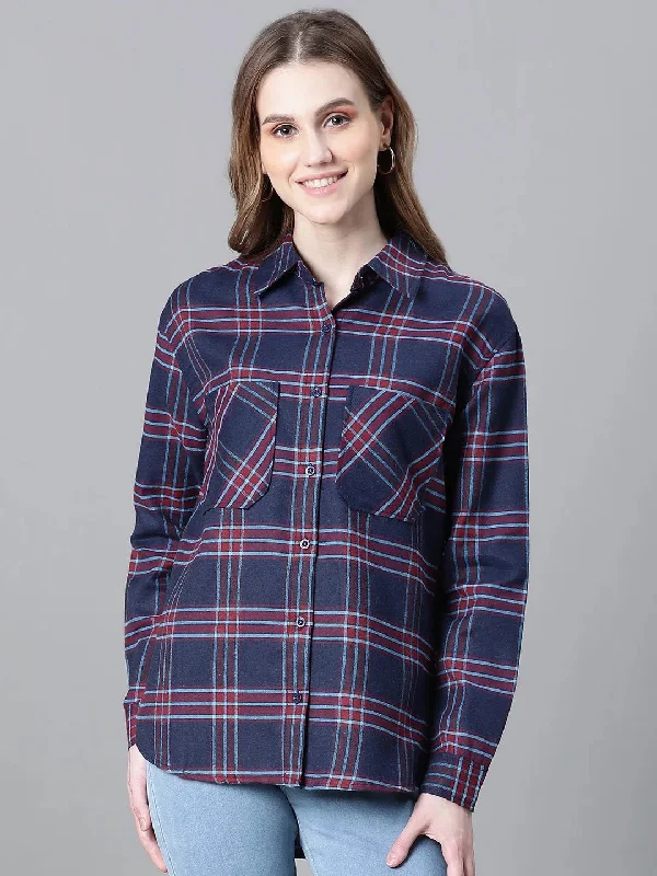 Women Navy Blue Brush Check Long Sleeve Collared Cotton Shirt-W23270WSH003-- Front Pockets Side Pockets Patch Pockets