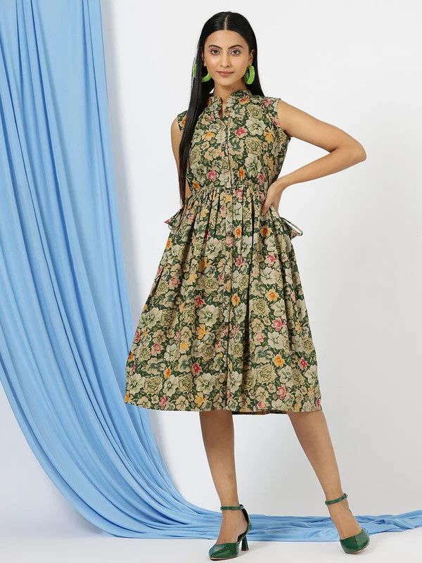 Women's Green Mandarin Collar Floral Printed Cotton Fit & Flare Dress Boat Neckline Classic
