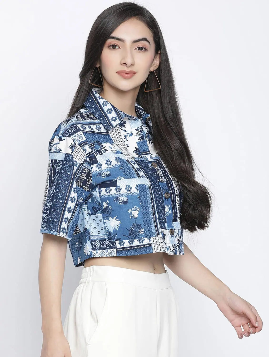 Blezzi Blue Printed Women Crop Shirt-- Elegant Classic Vintage