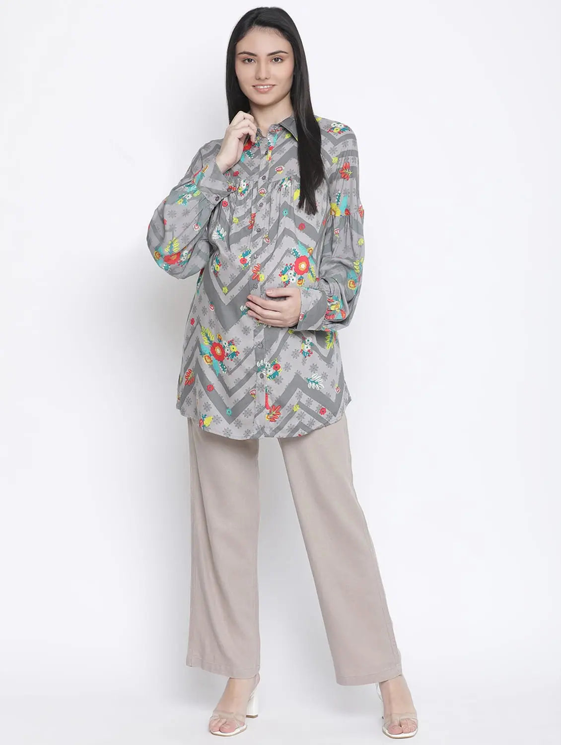 Silver Grey Floral Print Maternity Shirt-- Mesh Canvas Denim