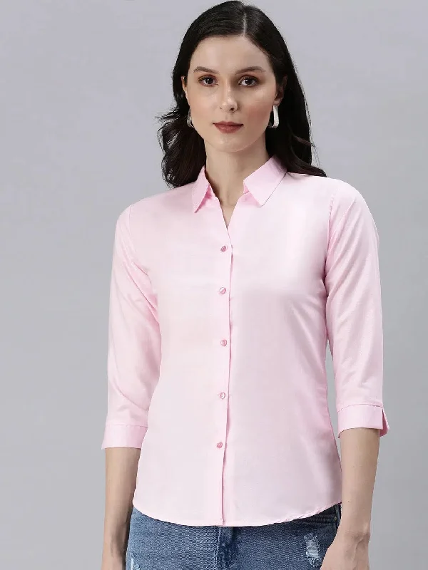 Women's Pink Solid Casual Shirts-AE-3331034-Pink-- Solid Print Embellished