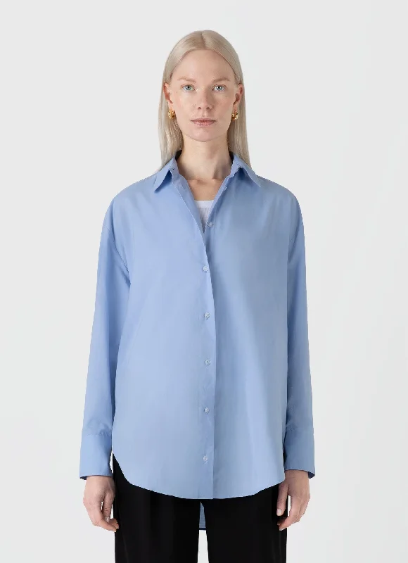 Women's Oversized Cotton Poplin Shirt in Mid Blue-- Terry Blend Velvet Blend Canvas Blend