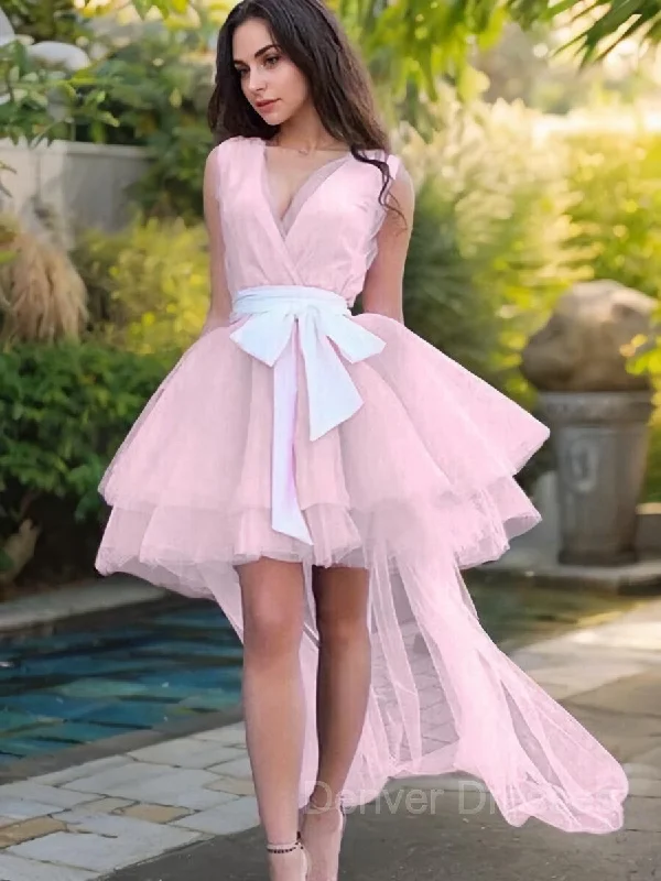 A-Line/Princess V-neck Short/Mini Tulle Homecoming Dresses With Belt/Sash Pencil Office Professional