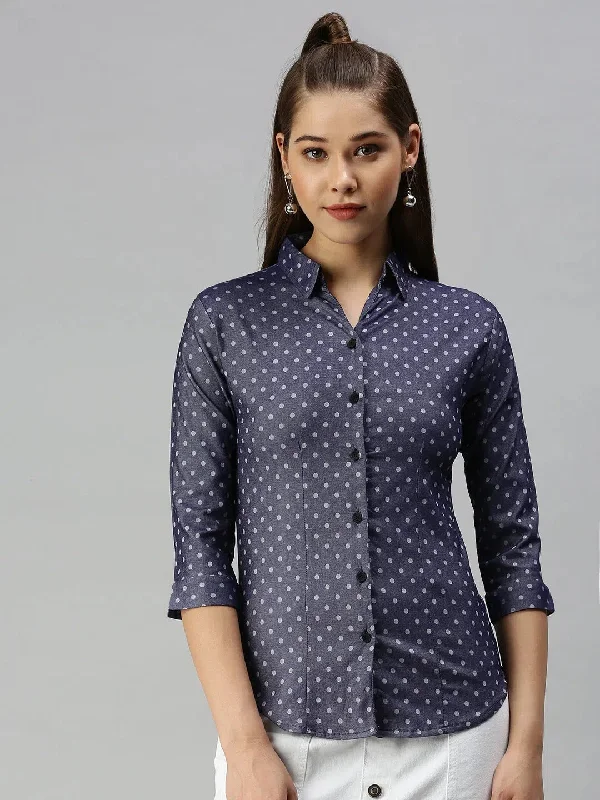 Women's Blue Printed Shirt-AE-5550175-Navyblue-- Ribbed Striped Patterned