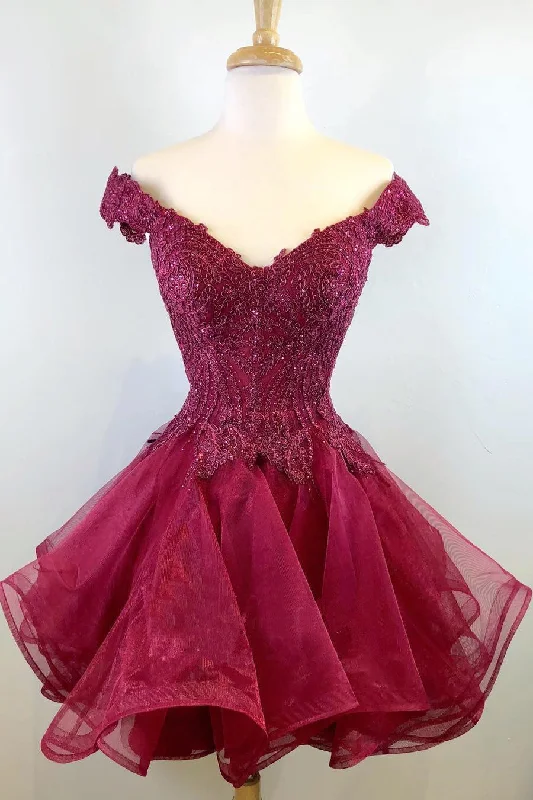 Princess Off the Shoulder Wine Red Short Homecoming Dress A-Line Day Work