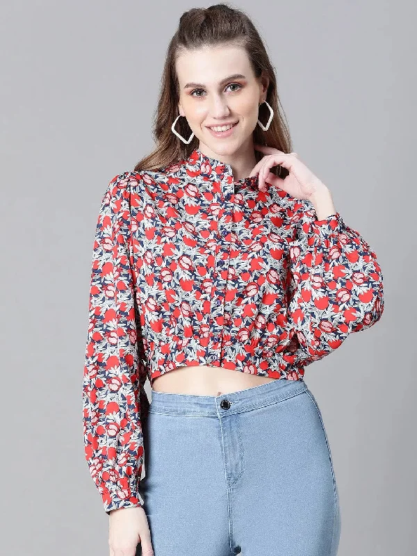 Women Multicolor Floral Print Crop Shirt-W23043WSH001-- Satin Fabric Silk Fabric Chiffon Fabric