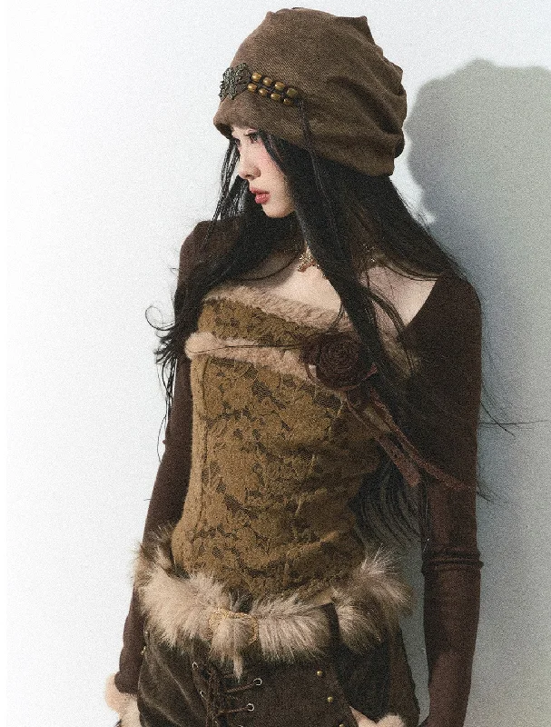 Brown Lace Rose Long Sleeve Slim Waist T-shirt DIA0256-- Collared Crew Neck Turtle Neck