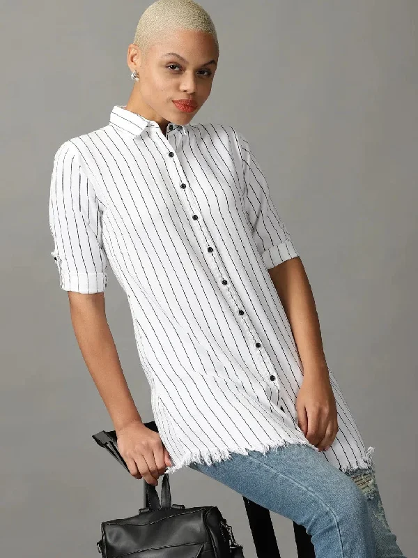 Women's White Striped Longline Shirt-AE-4149-White-- Knit Fabric Woven Fabric Fleece Fabric