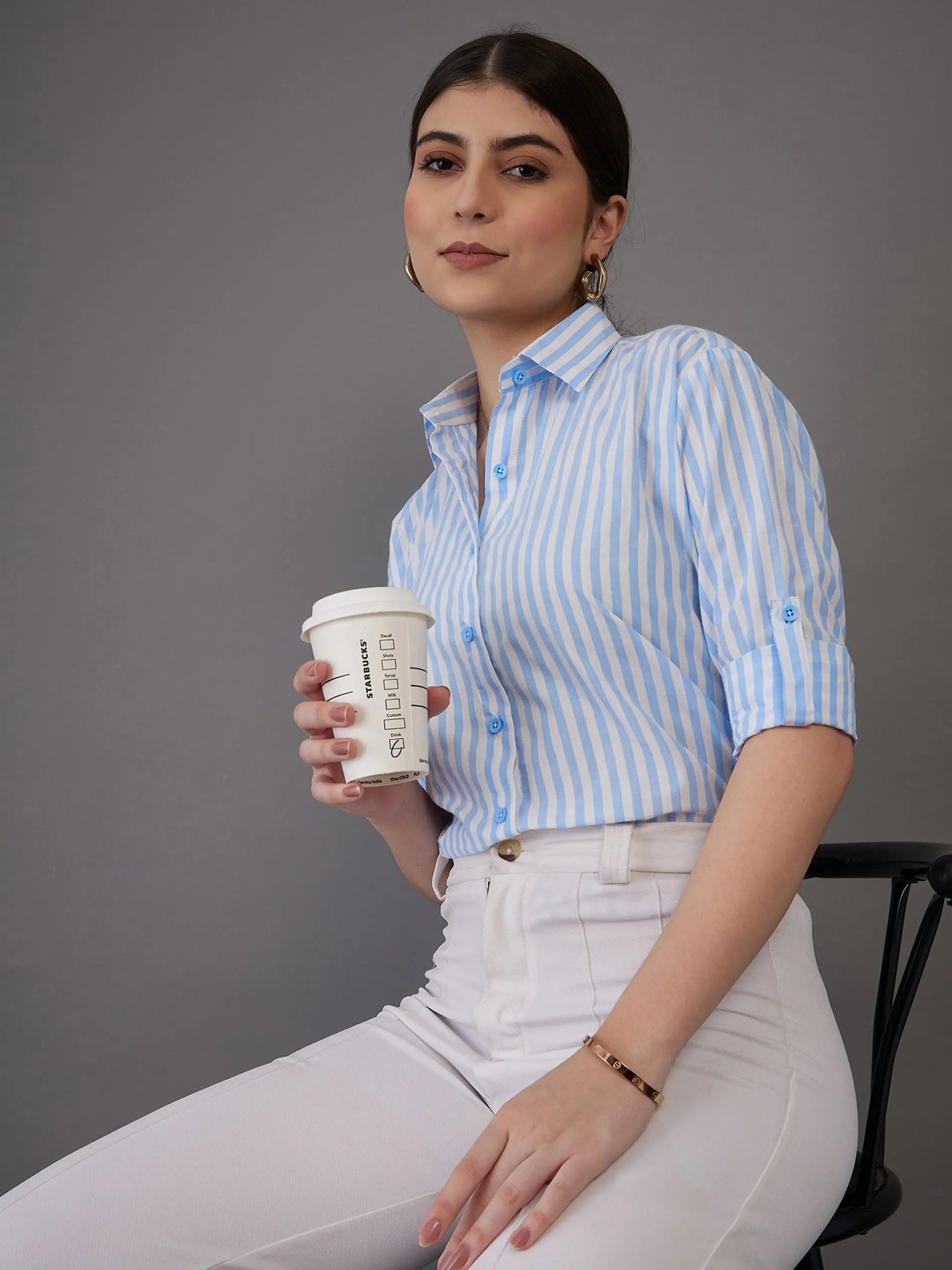 Women Blue Stripes Regular Fit Shirt-- Solid Print Embellished
