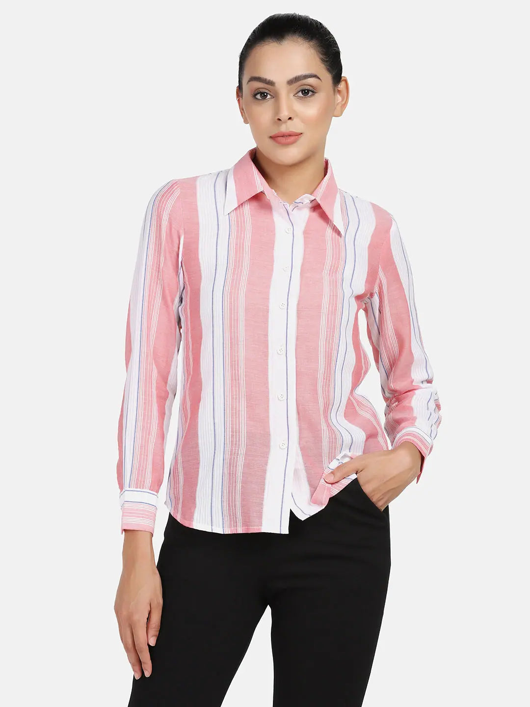 PowerSutra Simple collared shirt - PEACH STRIPES FABRIC-- Polka Dot Checkered Tartan
