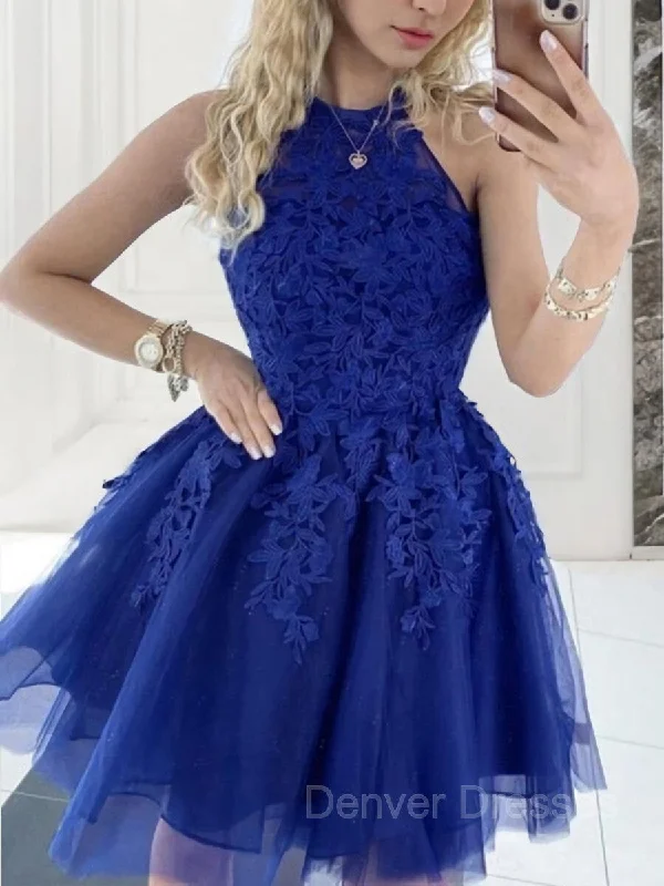 A-Line/Princess Halter Short/Mini Tulle Homecoming Dresses With Appliques Lace Tunics Seasonal trendy