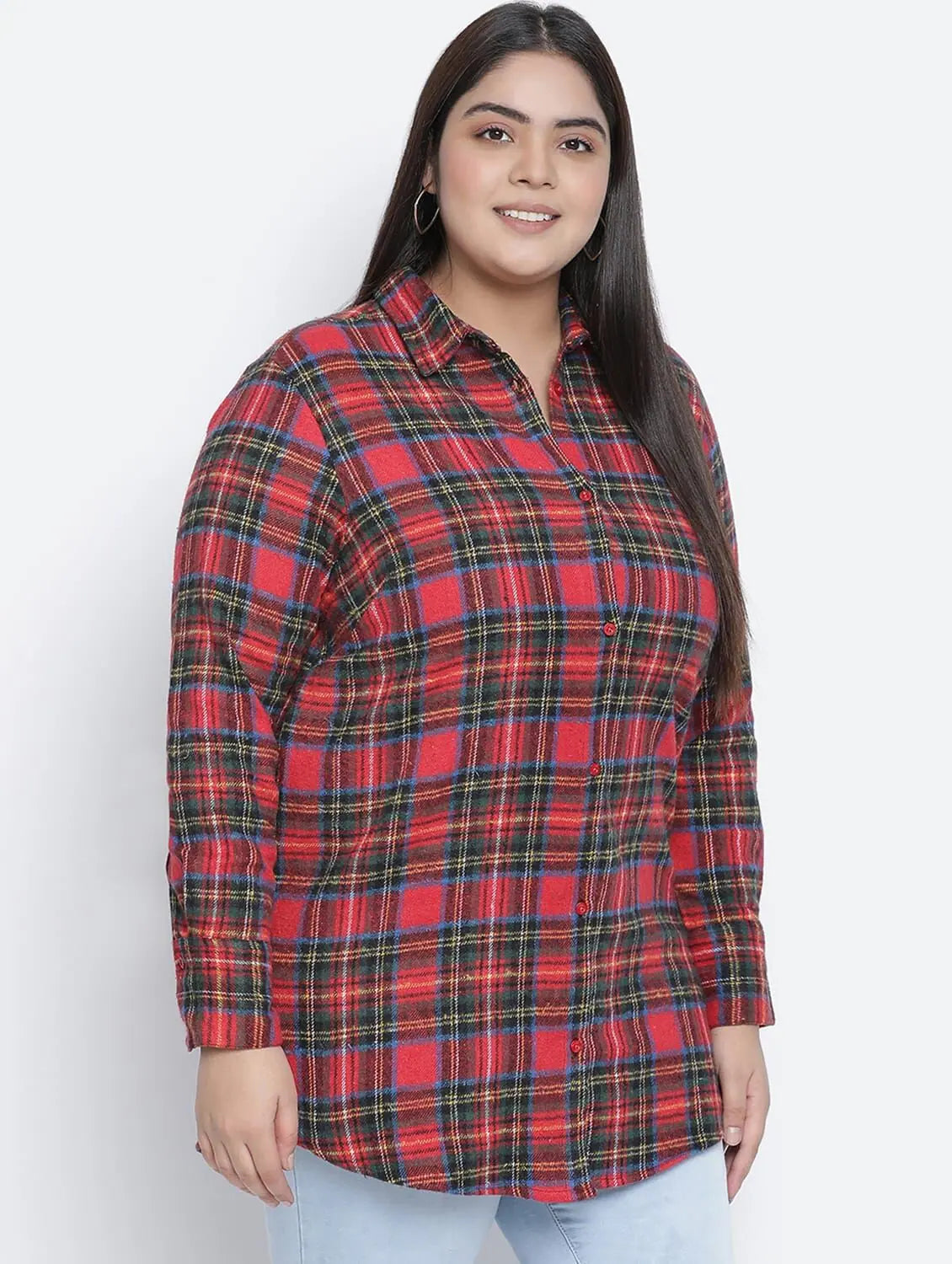 Edgy Red Brush Check Plus Szie Women Shirt-- Solid Color Striped Floral