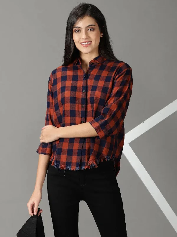Women's Orange Checked Shirt-AE-333118-Rust-- Collared T-Shirt Boat Neck A-Line