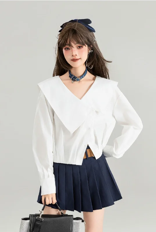 Large Lapel White Long-sleeved Shirt/Navy Pleated Skirt KEI0136-- Notch Collar Peter Pan Collar Cowl Neck