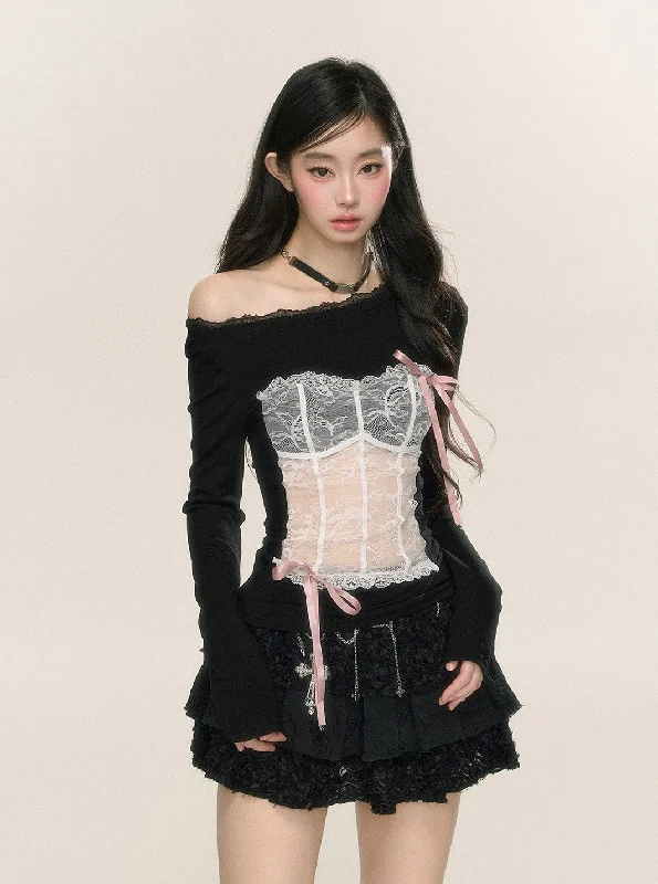 Slightly Transparent Lace Off-shoulder T-shirt DIA0233-- Lace Blend Ribbed Blend Corduroy Blend