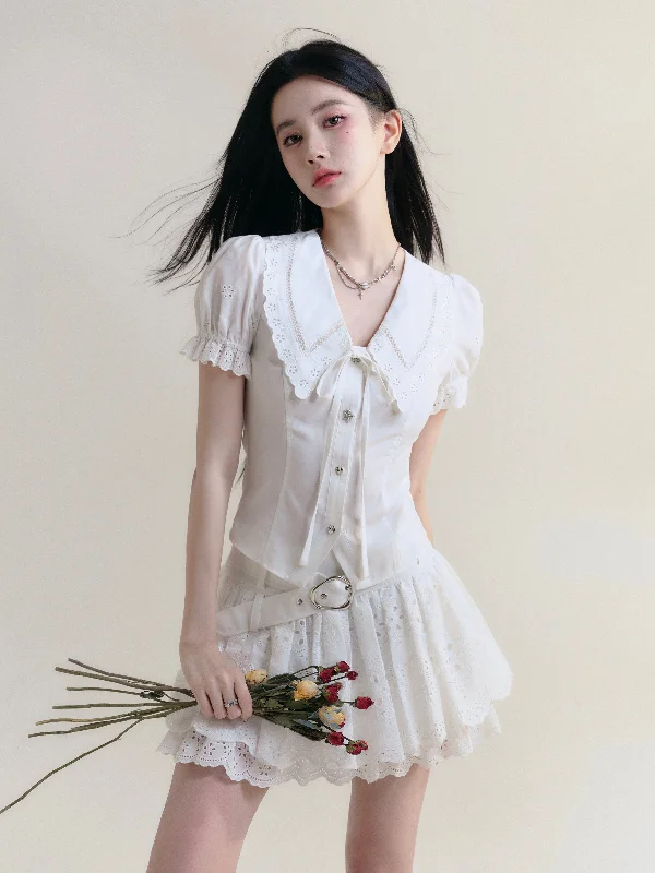 Puff Sleeve Shirt/Short Skirt FRA0170-- Denim Fabric Leather Fabric Suede Fabric