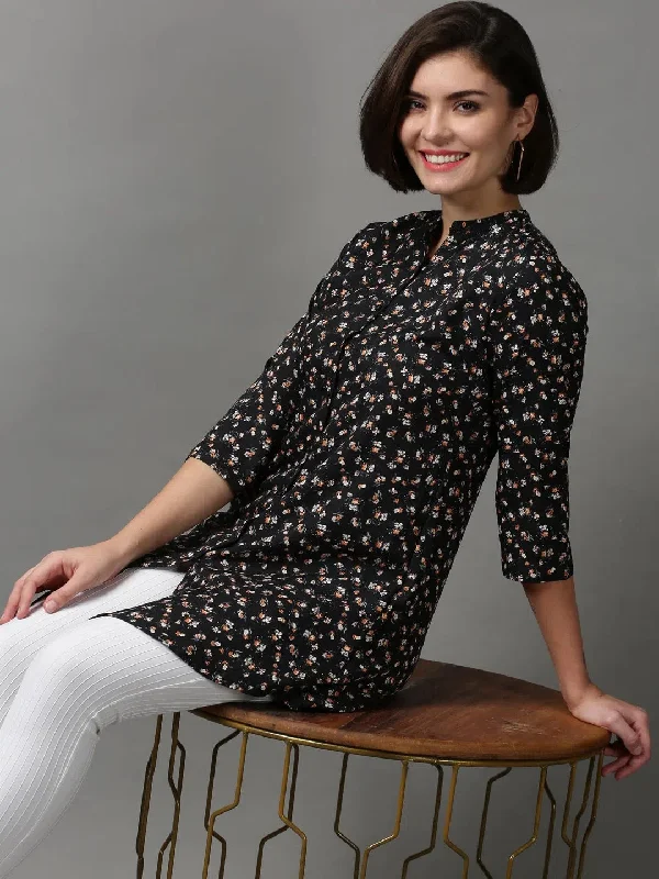 Women's Black Printed Longline Shirt-AE-444111-Black-- Iron Safe Non-Iron Wrinkle Free